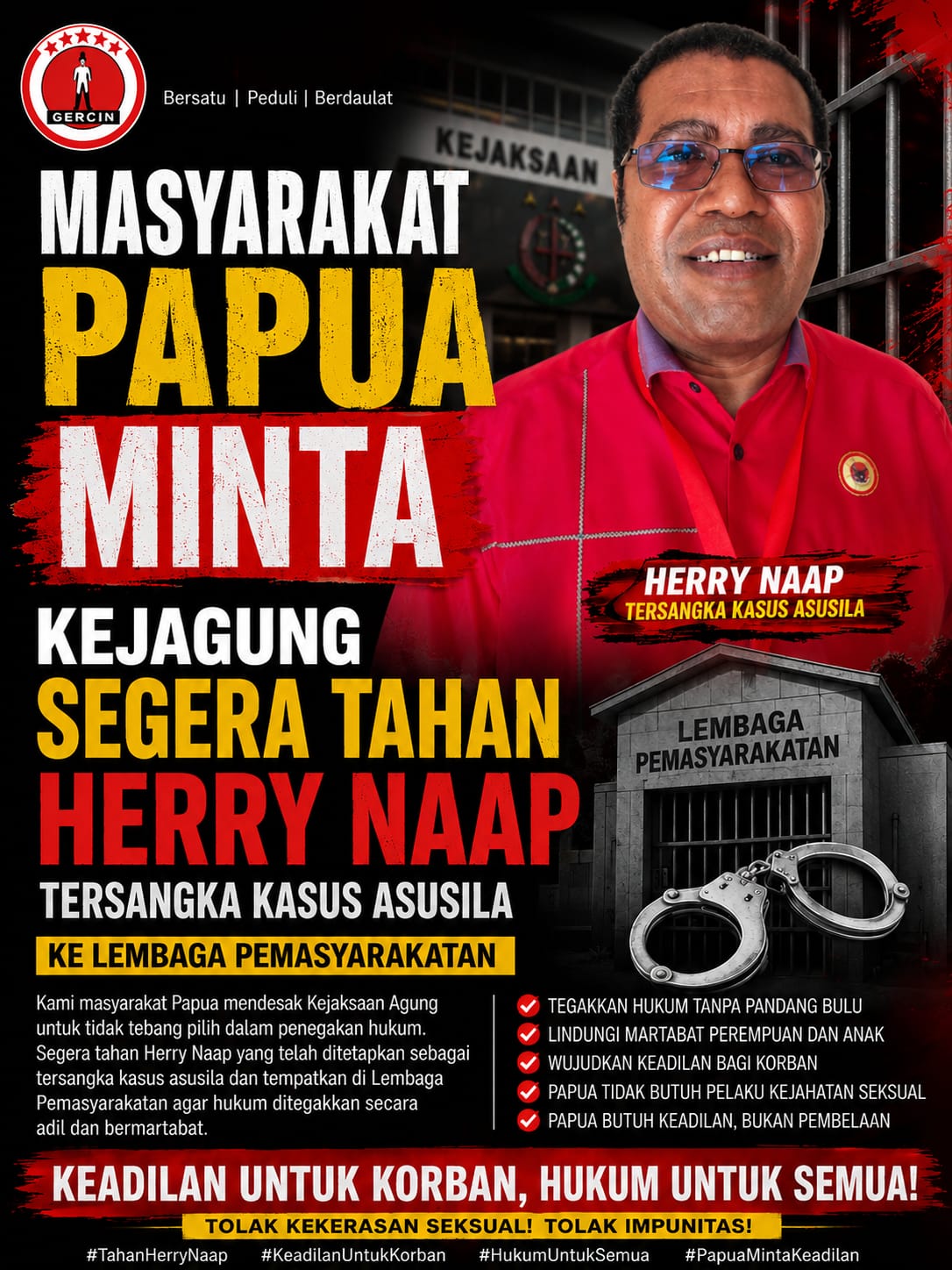 Ali Mambrasar Desak Jaksa Segera Eksekusi Putusan Kasasi Herry Ario Naap: “Jangan Biarkan Terpidana Berkeliaran, Tegakkan Keadilan